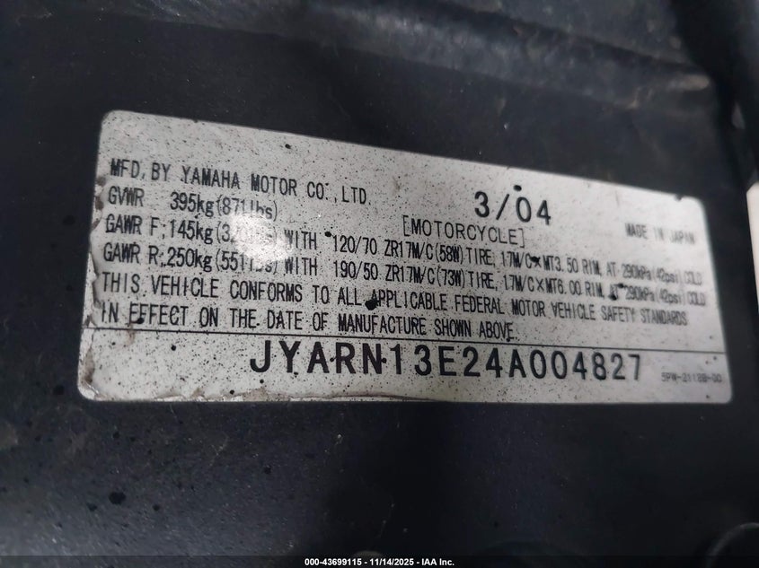 2004 Yamaha Yzfr1 VIN: JYARN13E24A004827 Lot: 43699115
