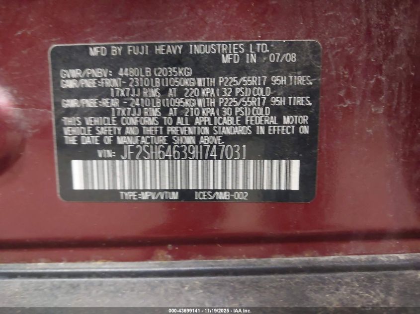 2009 Subaru Forester 2.5X Limited VIN: JF2SH64639H747031 Lot: 43699141