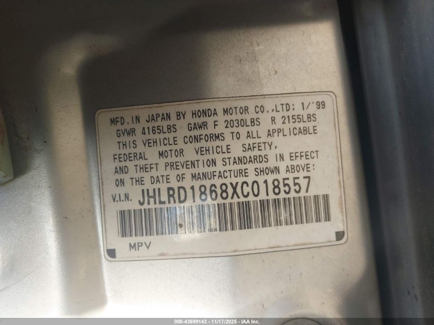 1999 Honda Cr-V Ex VIN: JHLRD1868XC018557 Lot: 43699143