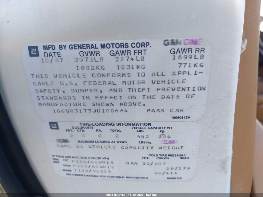 1988 Cadillac Allante VIN: 1G6VR3173JU100664 Lot: 43699158