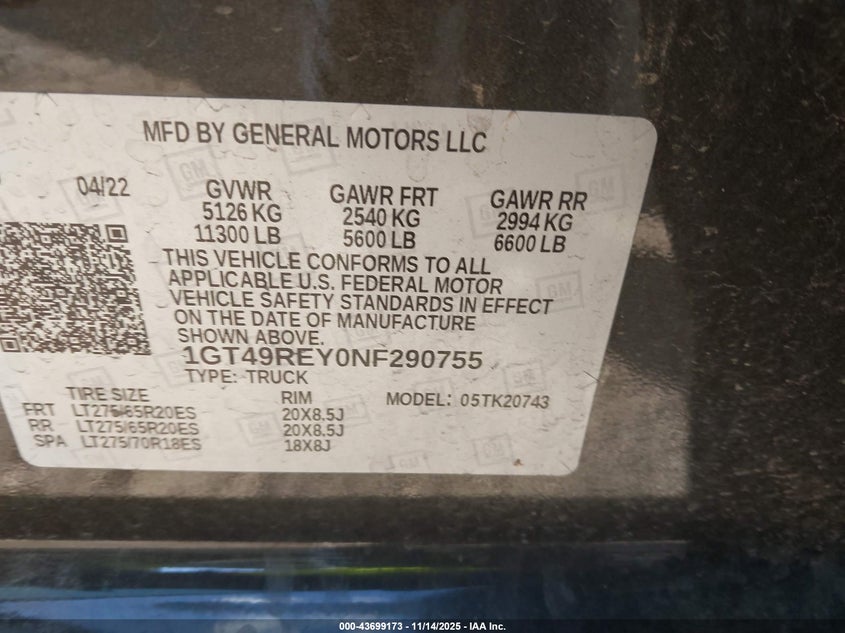 2022 GMC Sierra 2500Hd Denali VIN: 1GT49REY0NF290755 Lot: 43699173