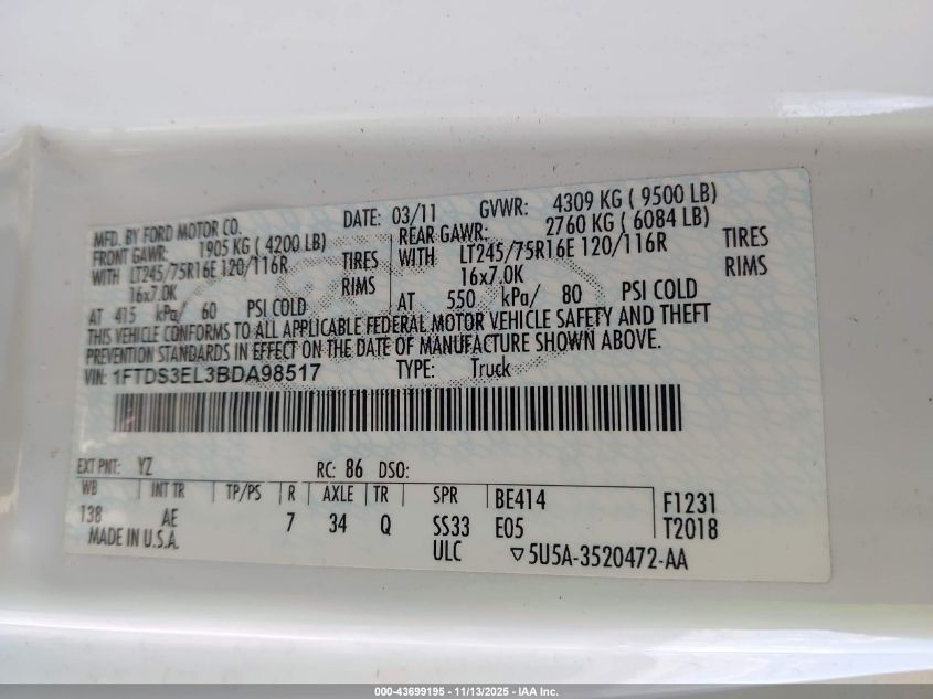 2011 Ford E-350 Super Duty Commercial VIN: 1FTDS3EL3BDA98517 Lot: 43699195