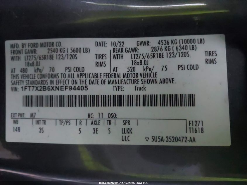 2022 Ford F-250 Xlt VIN: 1FT7X2B6XNEF94405 Lot: 43699202