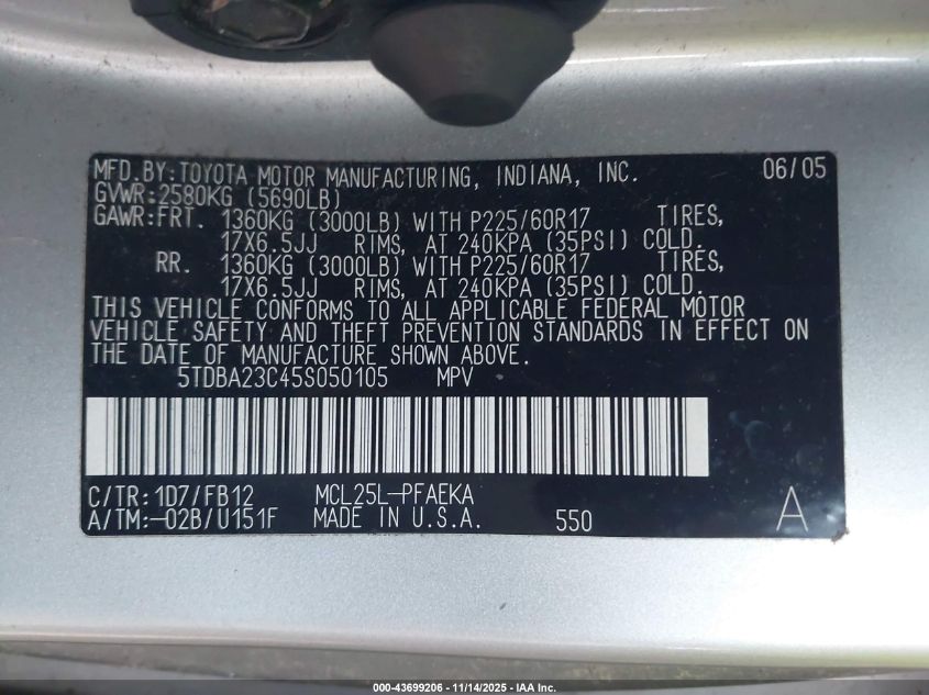 2005 Toyota Sienna Le VIN: 5TDBA23C45S050105 Lot: 43699206