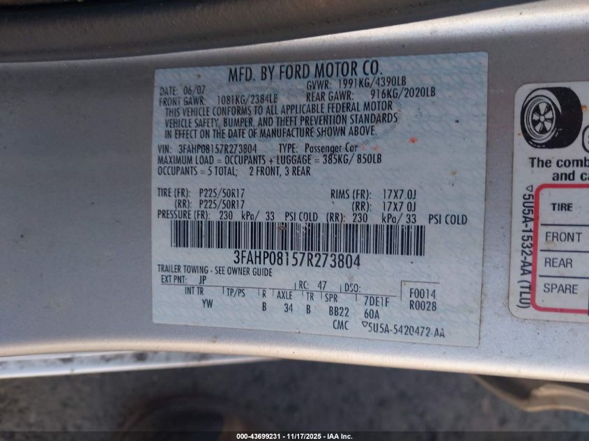 2007 Ford Fusion Sel VIN: 3FAHP08157R273804 Lot: 43699231