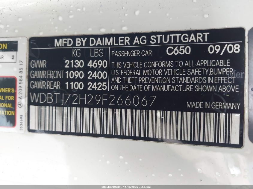 2009 Mercedes-Benz Clk 550 VIN: WDBTJ72H29F266067 Lot: 43699239