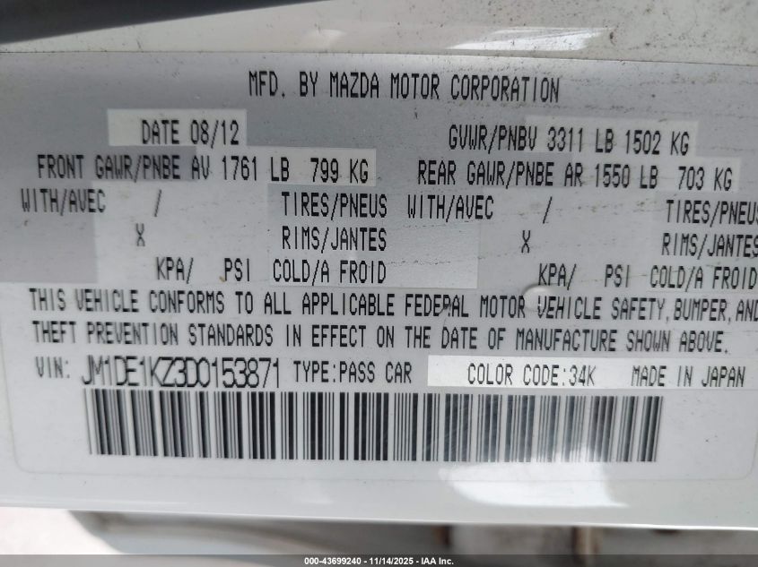 2013 Mazda Mazda2 Sport VIN: JM1DE1KZ3D0153871 Lot: 43699240