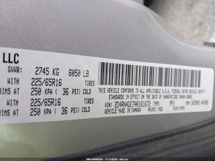 2010 Dodge Grand Caravan Se VIN: 2D4RN4DE7AR161672 Lot: 43699246