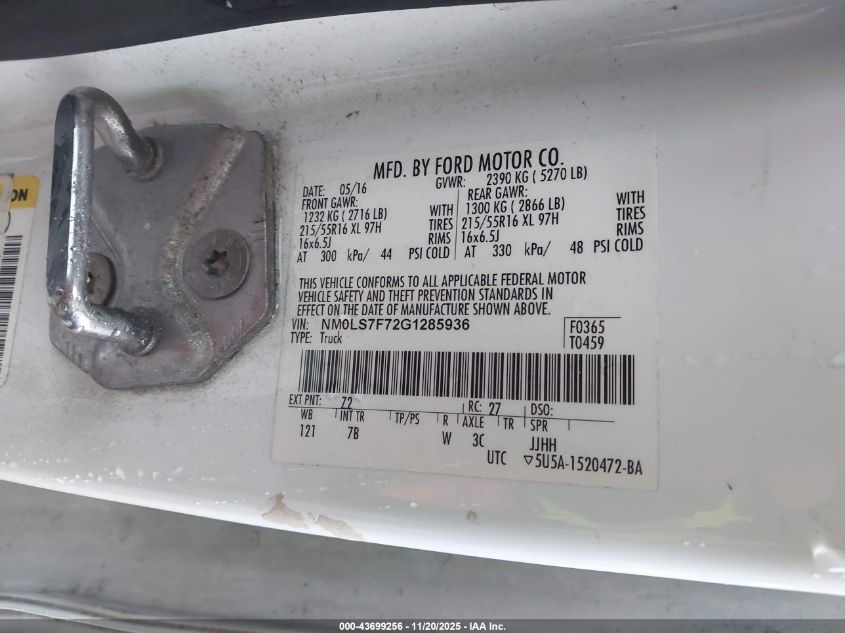 2016 Ford Transit Connect Xlt VIN: NM0LS7F72G1285936 Lot: 43699256