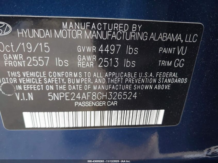 2016 Hyundai Sonata Se VIN: 5NPE24AF8GH326524 Lot: 43699265