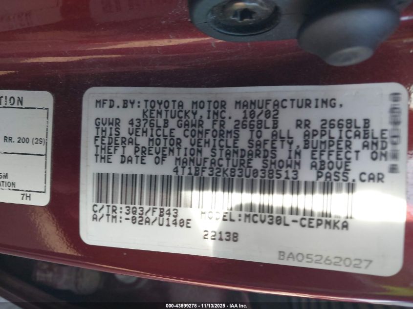 2003 Toyota Camry Le V6 VIN: 4T1BF32K83U038513 Lot: 43699278