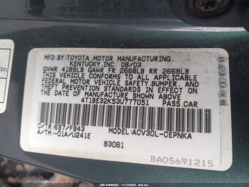 2003 Toyota Camry Le VIN: 4T1BE32K53U777051 Lot: 43699282