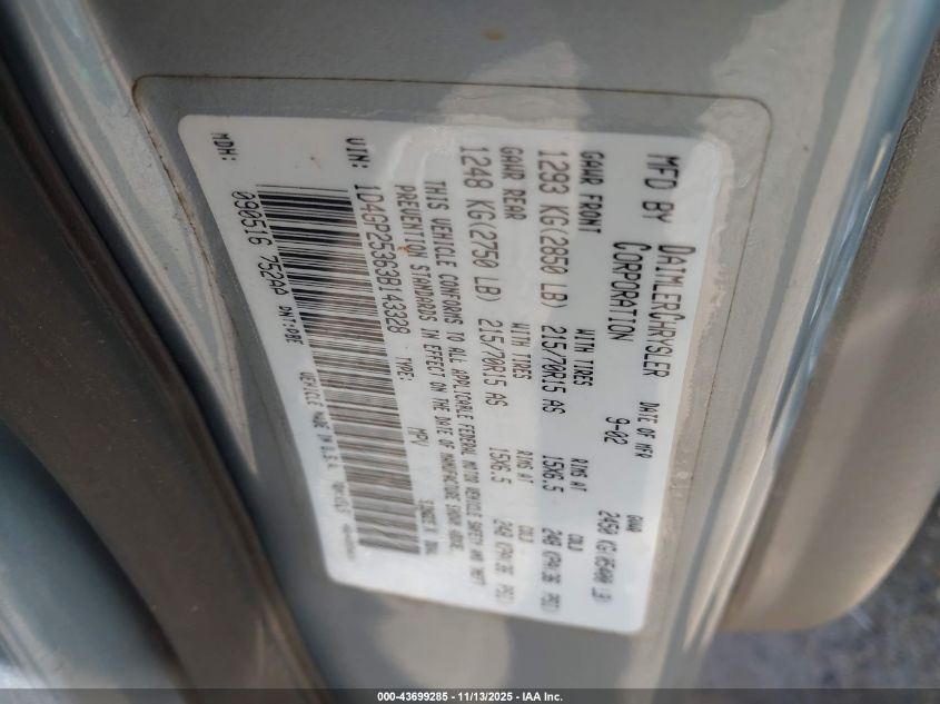 2003 Dodge Caravan Se VIN: 1D4GP25363B143328 Lot: 43699285