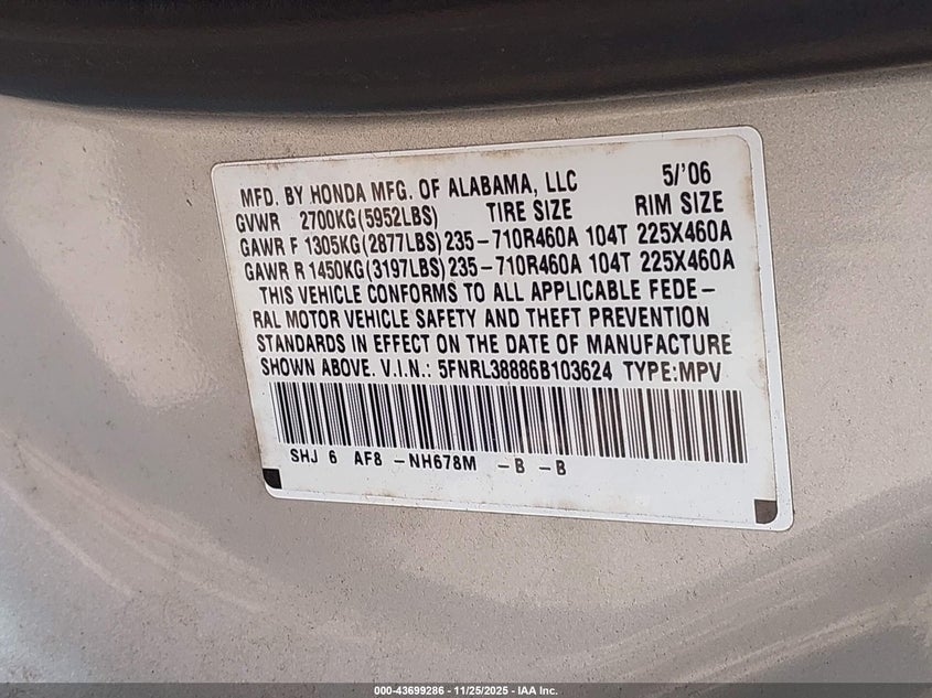 2006 Honda Odyssey Touring VIN: 5FNRL38886B103624 Lot: 43699286