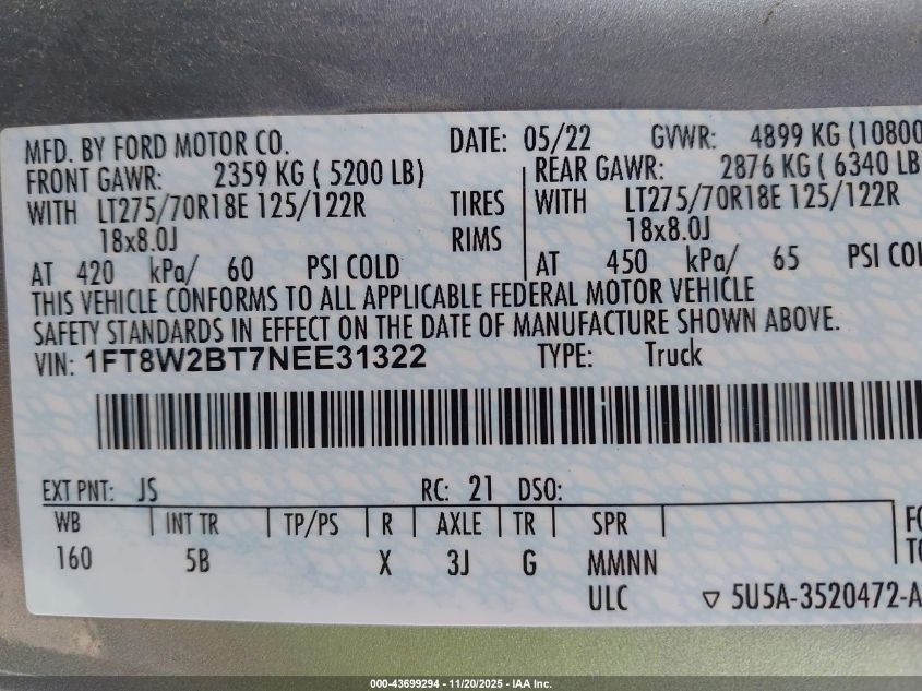 2022 Ford F-250 Lariat VIN: 1FT8W2BT7NEE31322 Lot: 43699294