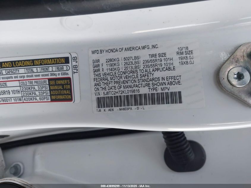 2019 Acura Rdx Advance Package VIN: 5J8TC2H72KL019816 Lot: 43699299