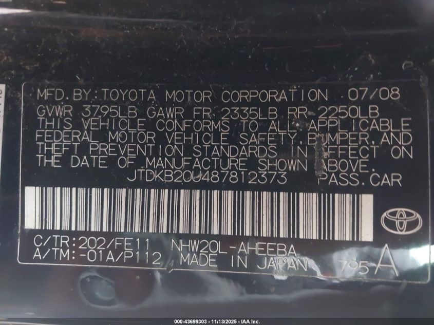 2008 Toyota Prius Touring VIN: JTDKB20U487812373 Lot: 43699303