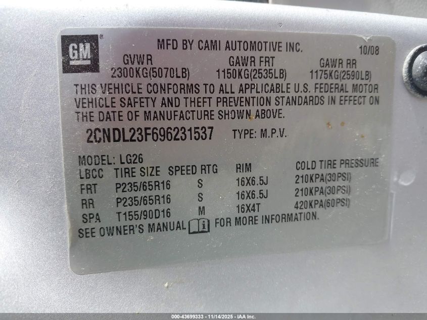 2009 Chevrolet Equinox Ls VIN: 2CNDL23F696231537 Lot: 43699333