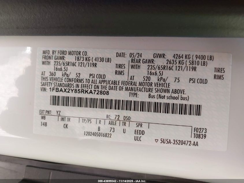 2024 Ford Transit-350 Passenger Van Xlt VIN: 1FBAX2Y85RKA72808 Lot: 43699342