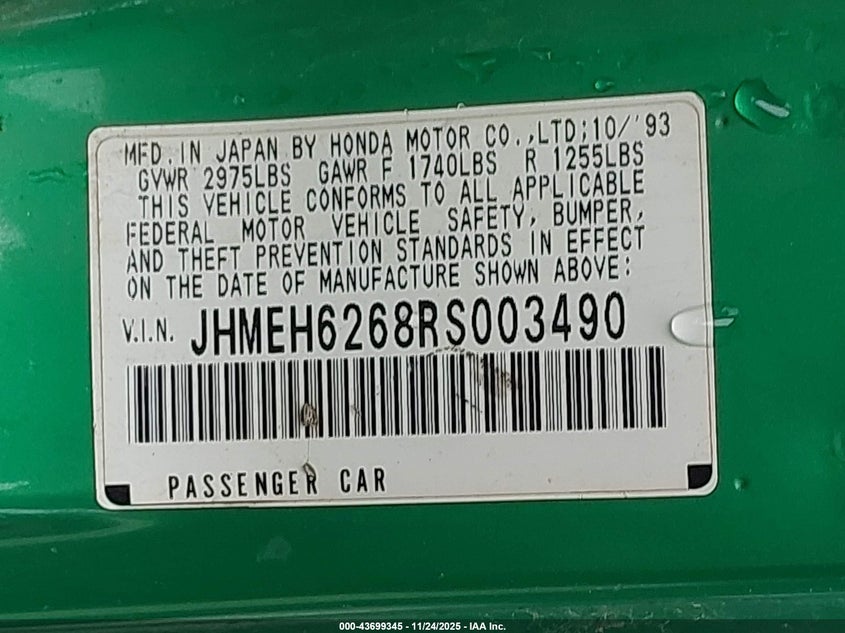 JHMEH6268RS003490 1994 HONDA CIVIC photo no. 9