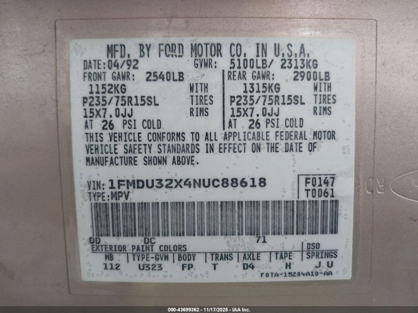 1995 Ford Explorer VIN: 1FMUD32X4NUC88618 Lot: 43699362