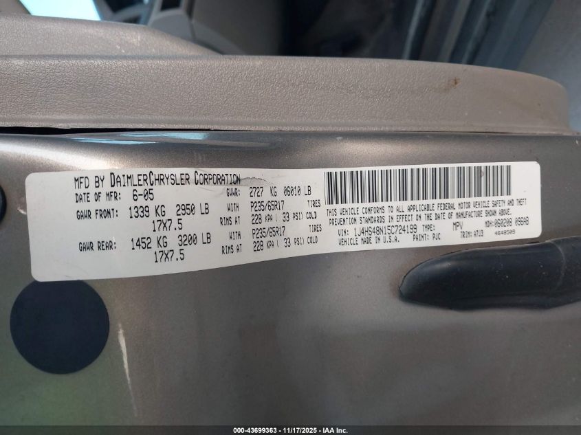 2005 Jeep Grand Cherokee Laredo VIN: 1J4HS48N15C724199 Lot: 43699363