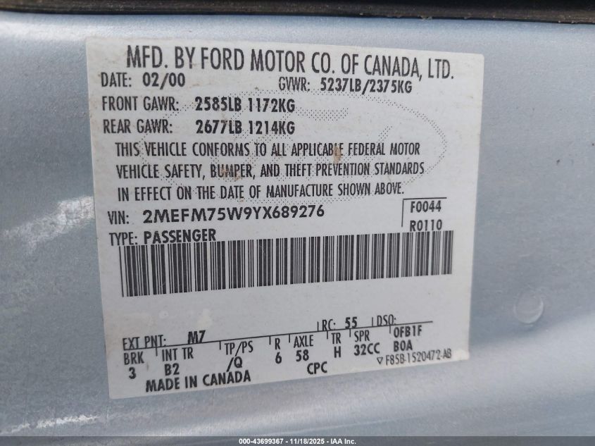 2000 Mercury Grand Marquis Ls VIN: 2MEFM75W9YX689276 Lot: 43699367