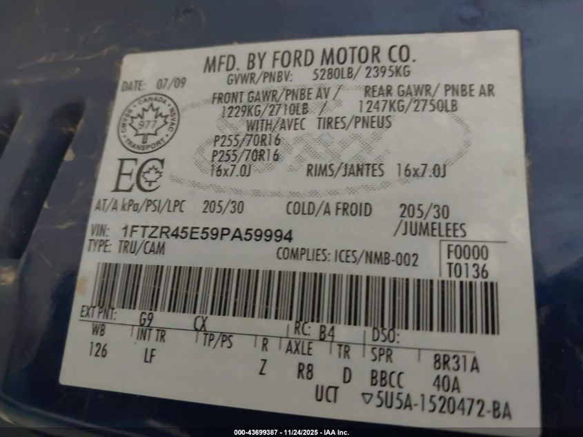 2009 Ford Ranger Fx4 Off-Road/Sport/Xlt VIN: 1FTZR45E59PA59994 Lot: 43699387