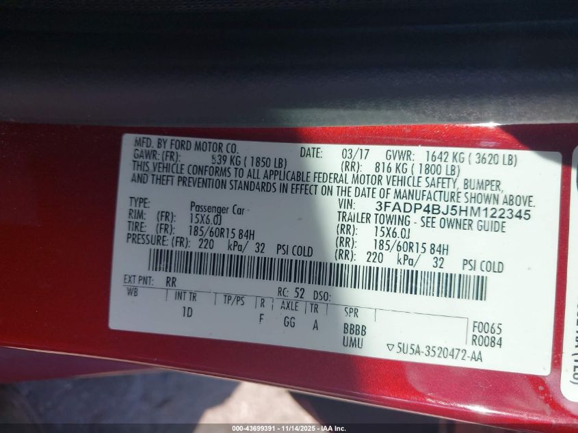 2017 Ford Fiesta Se VIN: 3FADP4BJ5HM122345 Lot: 43699391