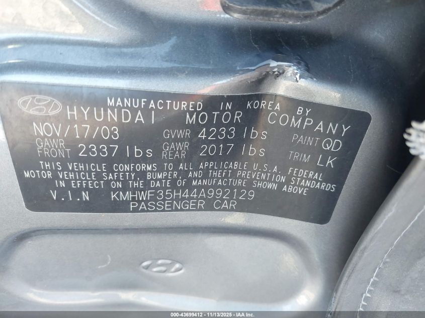 2004 Hyundai Sonata Gls/Lx VIN: KMHWF35H44A992129 Lot: 43699412