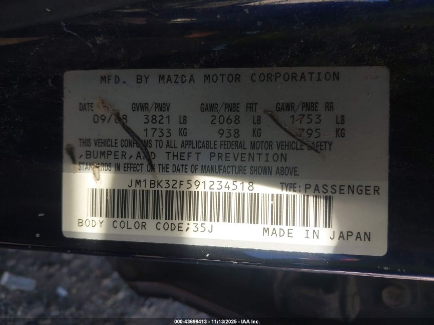 2009 Mazda Mazda3 I VIN: JM1BK32F591234518 Lot: 43699413