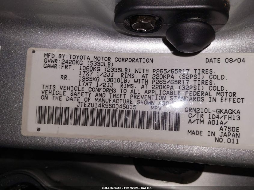 2005 Toyota 4Runner Sr5 Sport V6 VIN: JTEZU14R950045015 Lot: 43699418