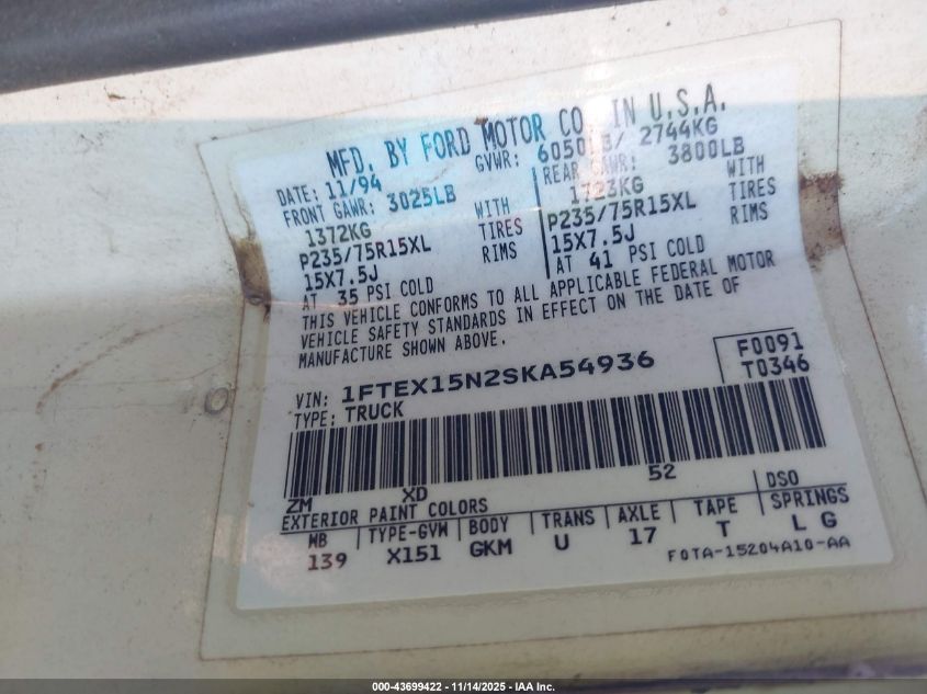 1995 Ford F150 VIN: 1FTEX15N2SKA54936 Lot: 43699422