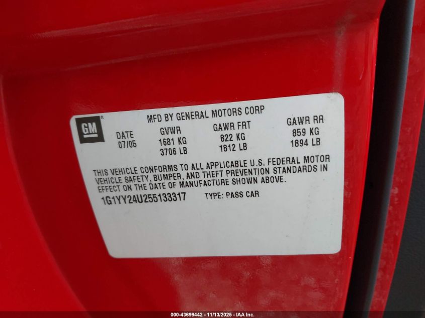 2005 Chevrolet Corvette VIN: 1G1YY24U255133317 Lot: 43699442