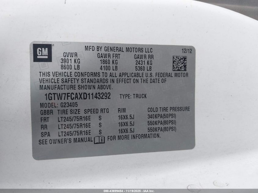 2013 GMC Savana 2500 Work Van VIN: 1GTW7FCAXD1143292 Lot: 43699454