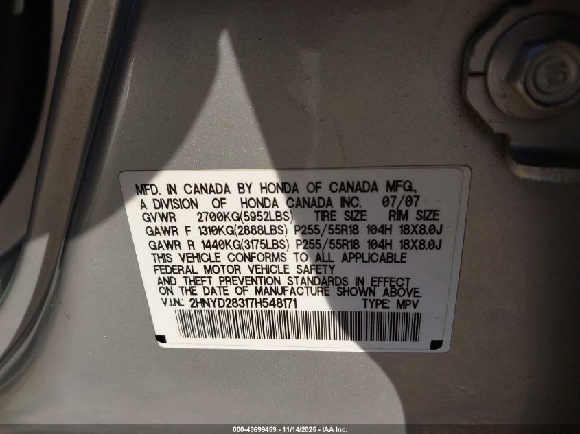 2007 Acura Mdx Technology Package VIN: 2HNYD28317H548171 Lot: 43699459