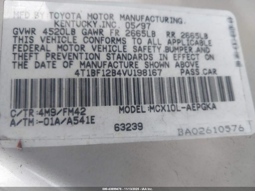 1997 Toyota Avalon Xls VIN: 4T1BF12B4VU198167 Lot: 43699478