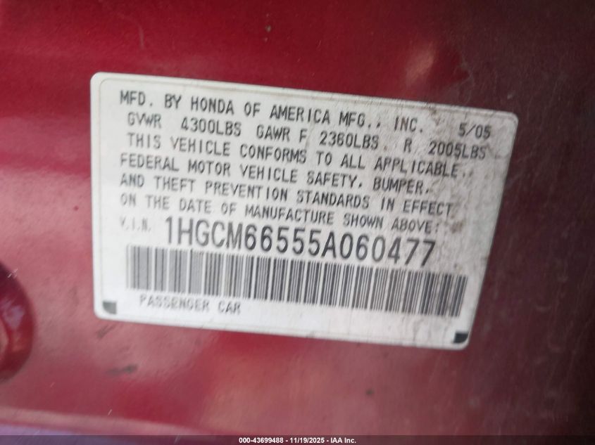 2005 Honda Accord 3.0 Ex VIN: 1HGCM66555A060477 Lot: 43699488