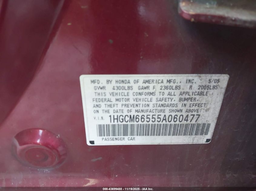 2005 Honda Accord 3.0 Ex VIN: 1HGCM66555A060477 Lot: 43699488