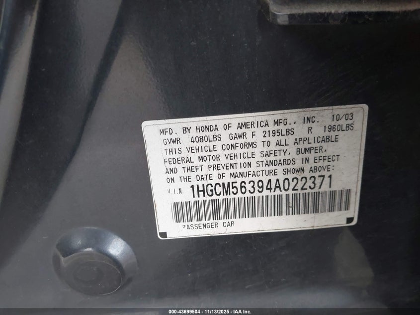 1HGCM56394A022371 2004 HONDA ACCORD photo no. 9