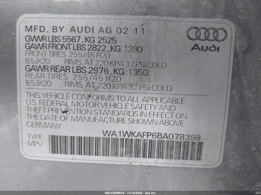 2011 Audi Q5 3.2 Premium Plus VIN: WA1WKAFP6BA078398 Lot: 43699510
