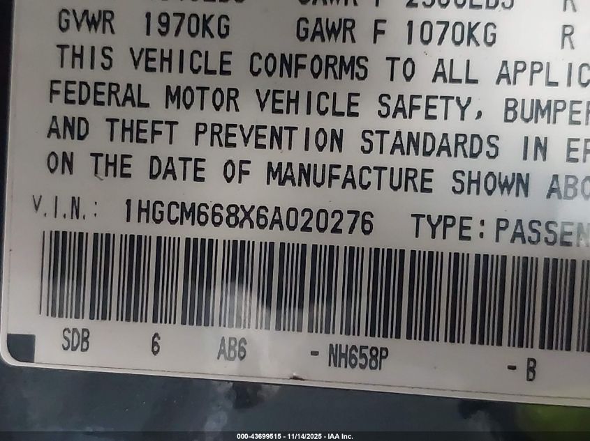 2006 Honda Accord 3.0 Ex VIN: 1HGCM668X6A020276 Lot: 43699515