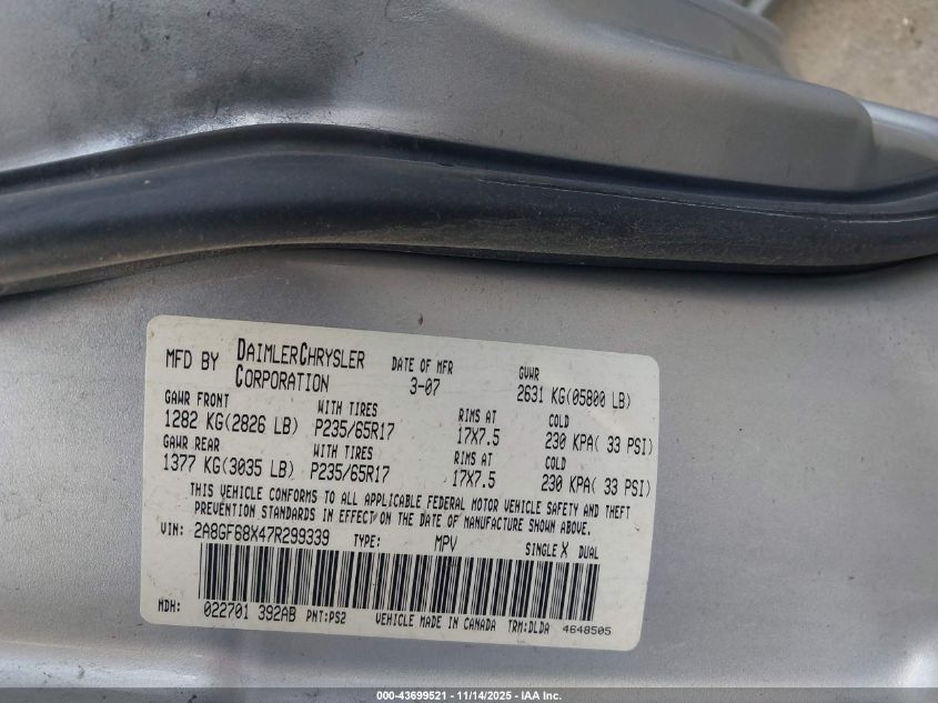 2007 Chrysler Pacifica Touring VIN: 2A8GF68X47R299339 Lot: 43699521