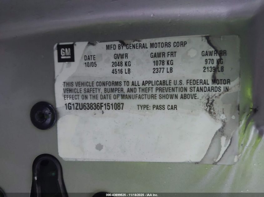 2006 Chevrolet Malibu Maxx Ltz VIN: 1G1ZU63836F151087 Lot: 43699525