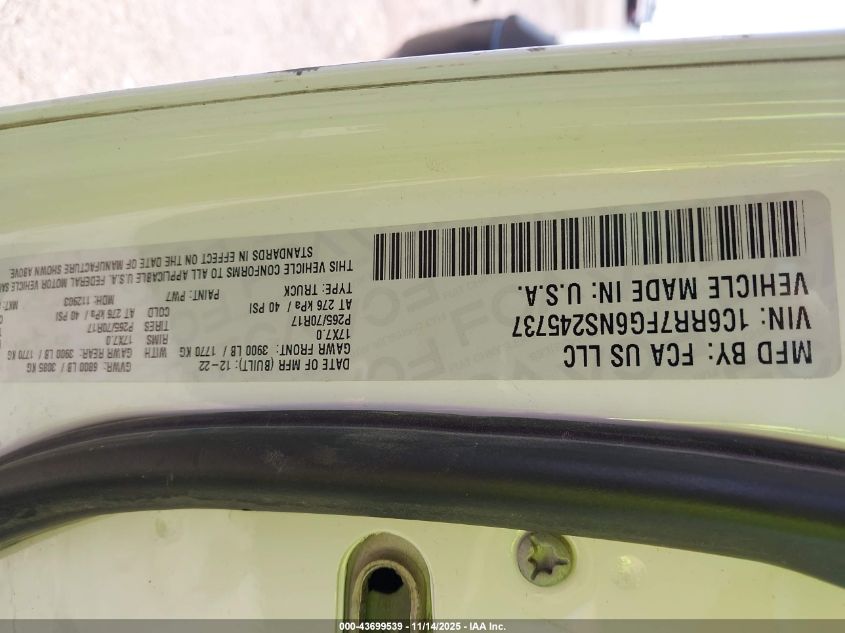 2022 Ram 1500 Classic Tradesman 4X4 6'4 Box VIN: 1C6RR7FG6NS245737 Lot: 43699539