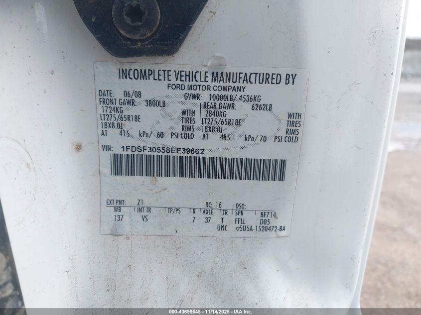 2008 Ford F-350 Xl/Xlt VIN: 1FDSF30558EE39662 Lot: 43699545