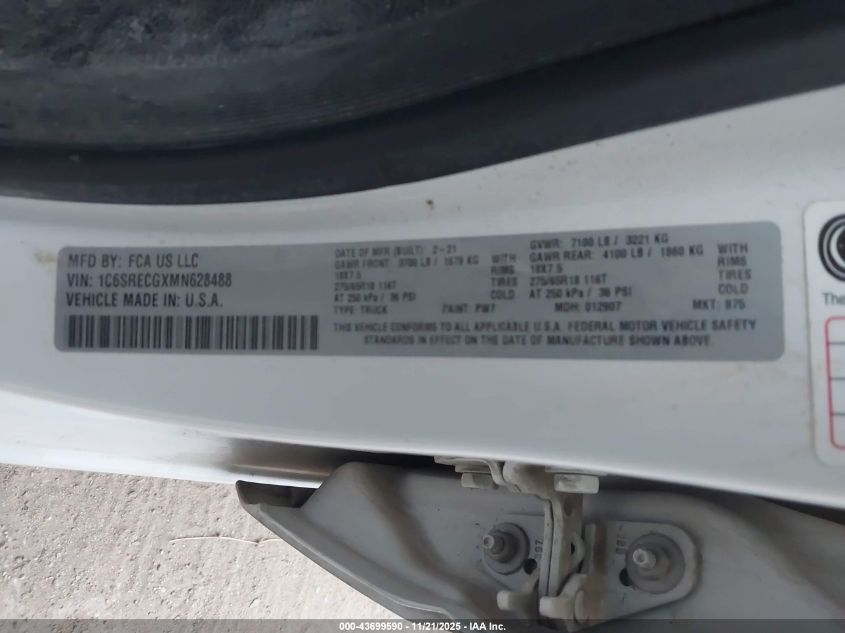 2021 Ram 1500 Tradesman 4X2 6'4 Box VIN: 1C6SRECGXMN628488 Lot: 43699590