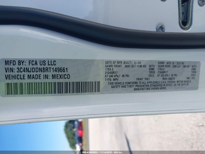 2024 Jeep Compass Trailhawk 4X4 VIN: 3C4NJDDN8RT149661 Lot: 43699593