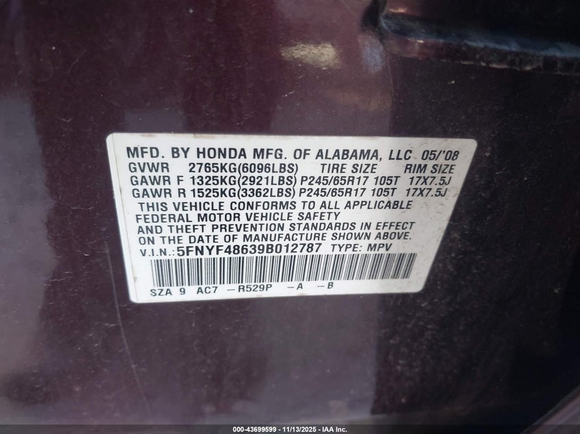 5FNYF48639B012787 2009 HONDA PILOT photo no. 9