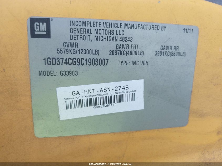 2012 GMC Savana Cutaway Work Van VIN: 1GD374CG9C1903007 Lot: 43699602